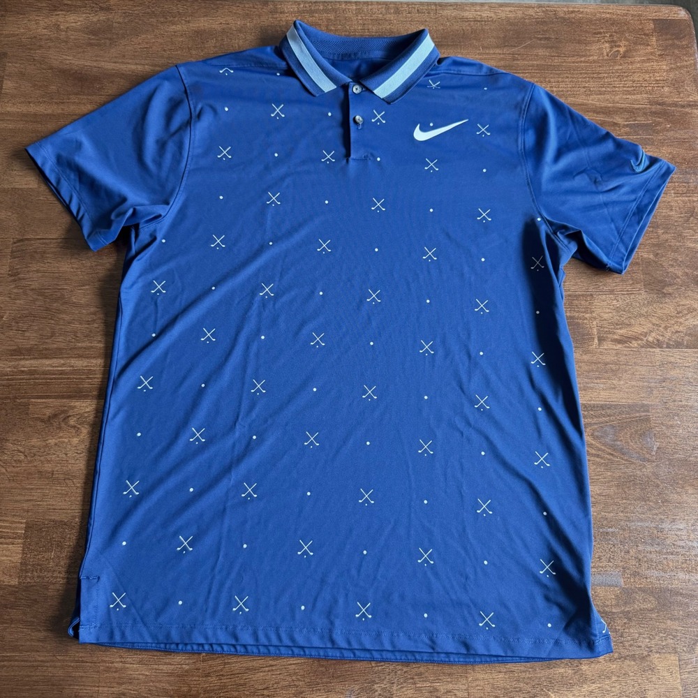 Nike Golf Mens Blue Dri-FIT Crossed Clubs Print Polo Shirt Large Performance